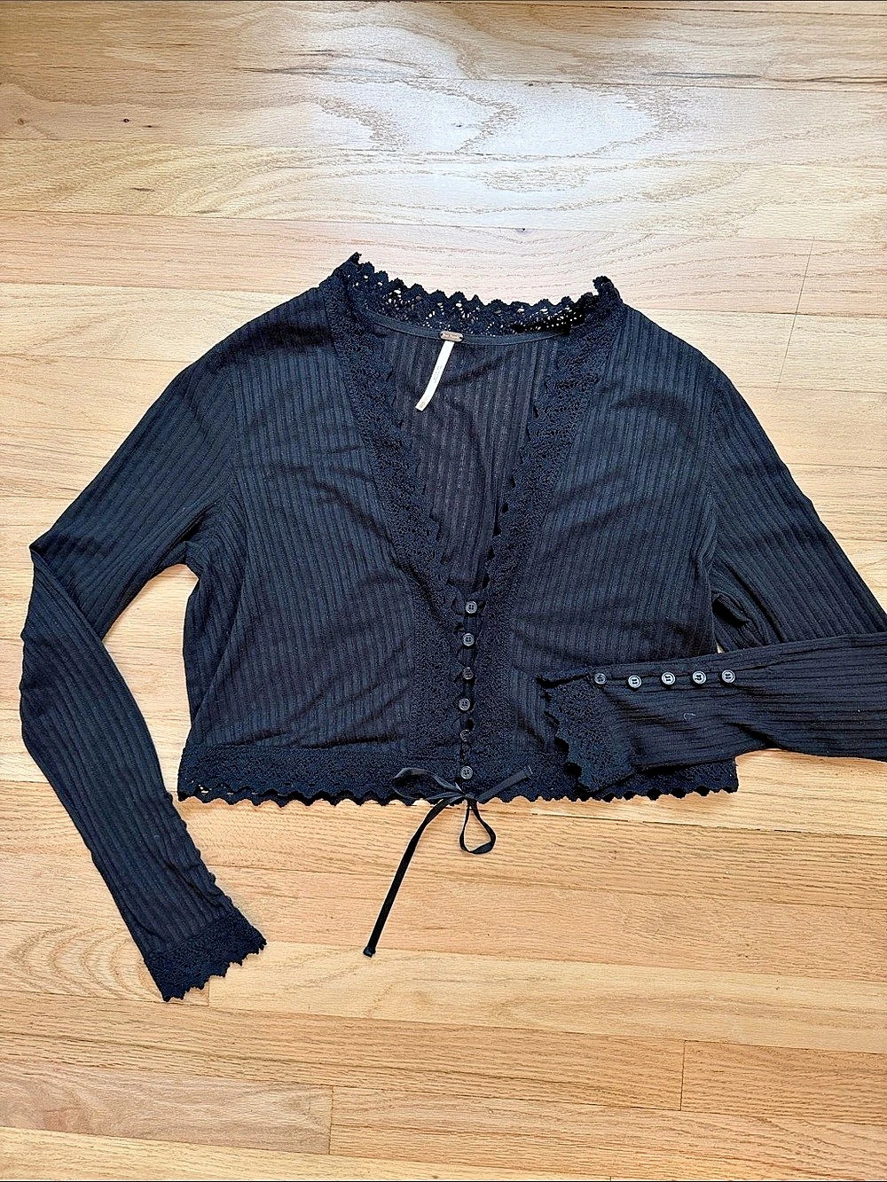 Free People cropped Cardi Top Black Lace Trim